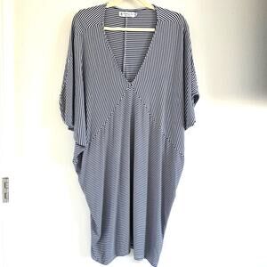 Fighting Eeel Oversized V-neck Striped Tunic Dress Coverup White x Blue Size S